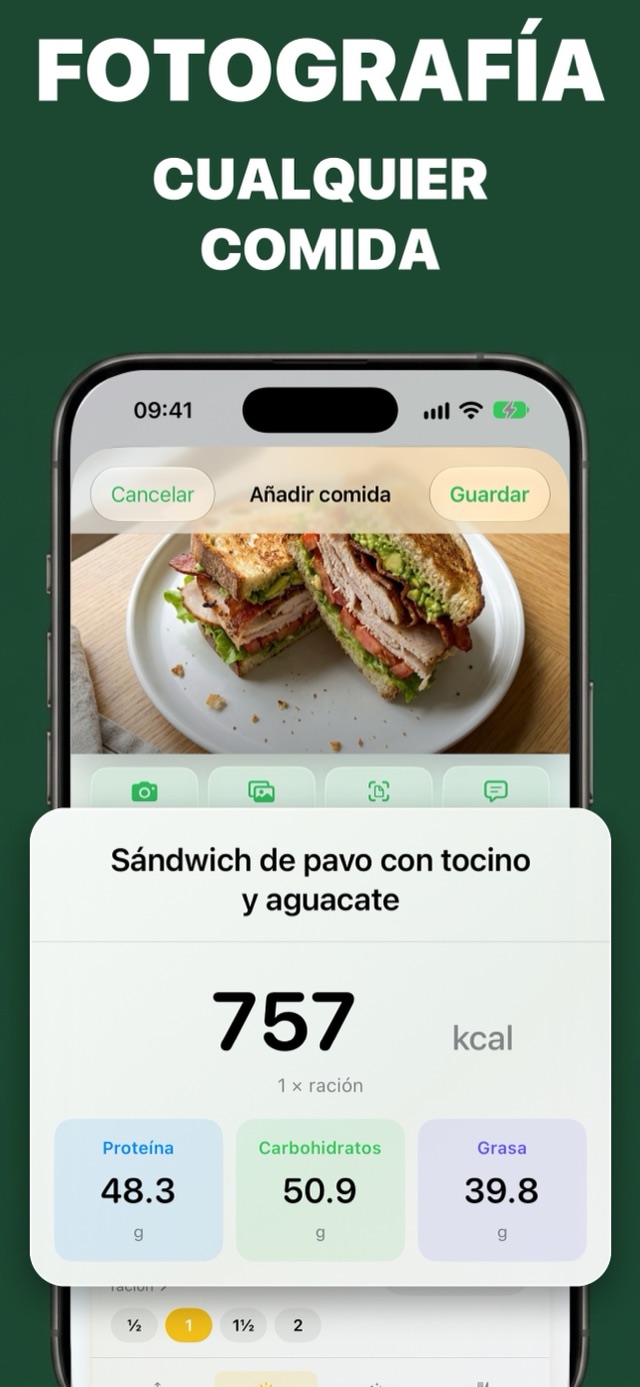 Pantalla Añadir comida con una comida registrada y sus calorías, proteínas, carbohidratos y grasas