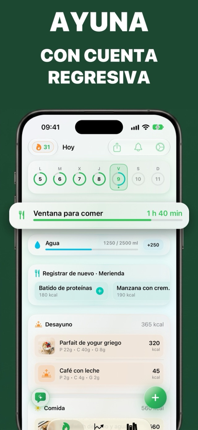 Ventana para comer del ayuno intermitente con una cuenta atrás de 1 h 40 min en la pantalla Hoy