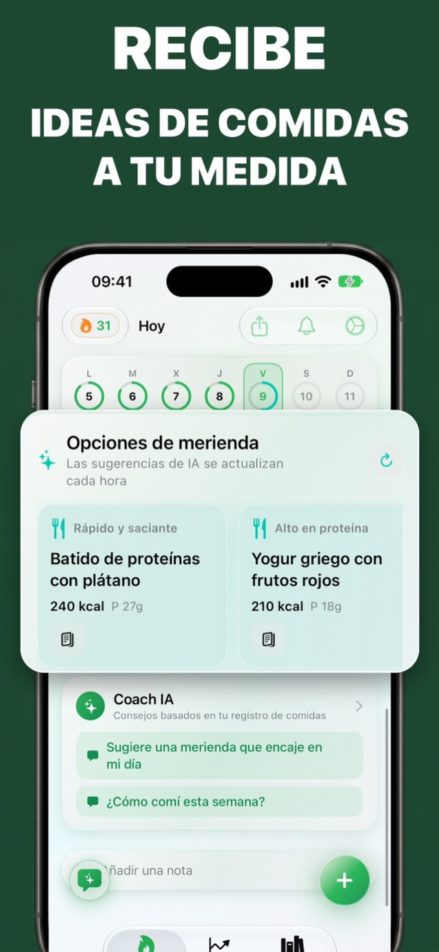 Snacks sugeridos por la IA que encajan con las calorías que te quedan, como un batido de proteínas con plátano