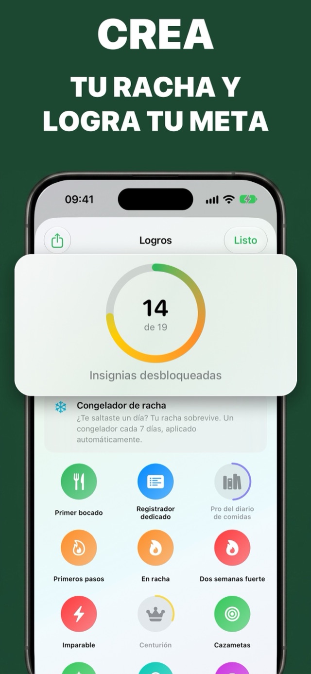 Pantalla Logros con una racha de 14 días, insignias desbloqueadas y congelador de racha automático