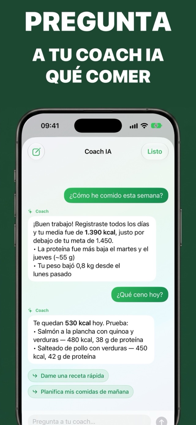 Chat con el Coach IA que resume las calorías y proteínas de la semana y sugiere cenas que encajan con las calorías que quedan