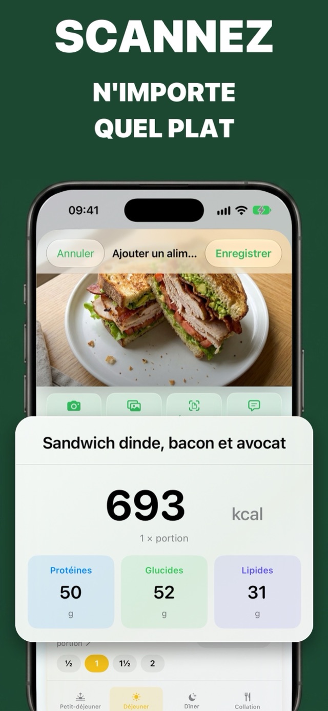 Photographiez un sandwich dinde, bacon et avocat et le scanner IA note ses calories, protéines, glucides et lipides