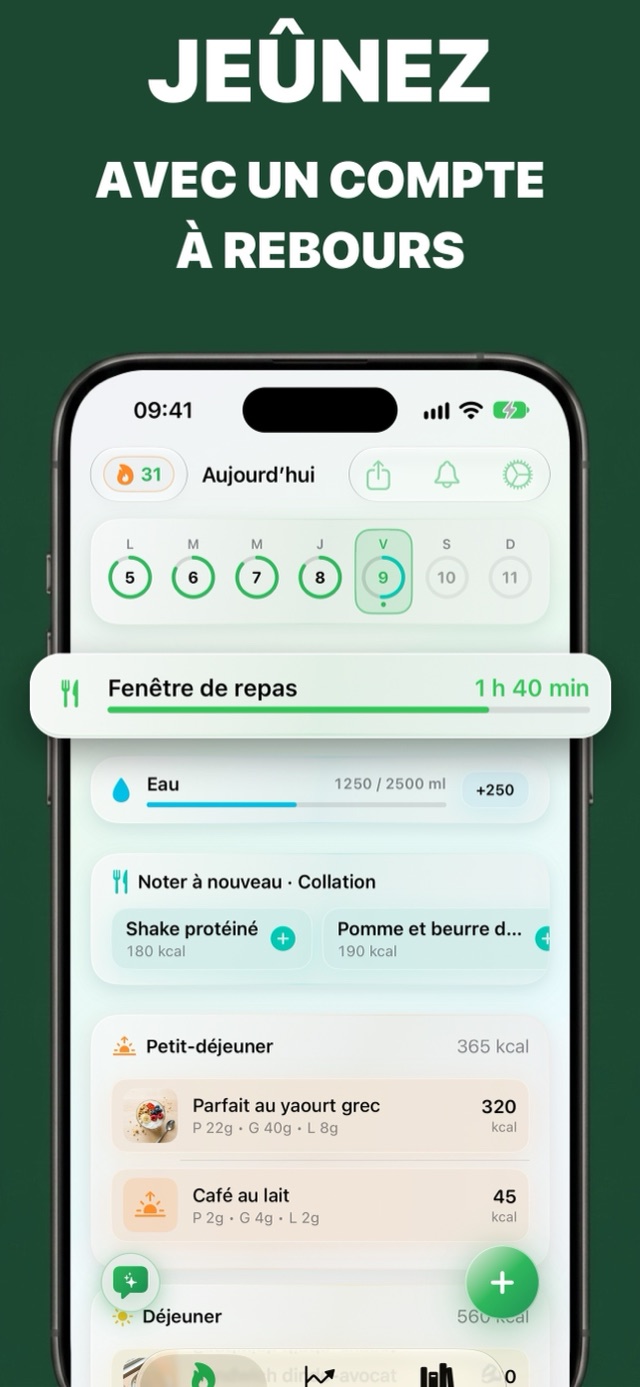 Fenêtre de repas du jeûne intermittent avec un compte à rebours de 1 h 40 min sur l’écran Aujourd’hui
