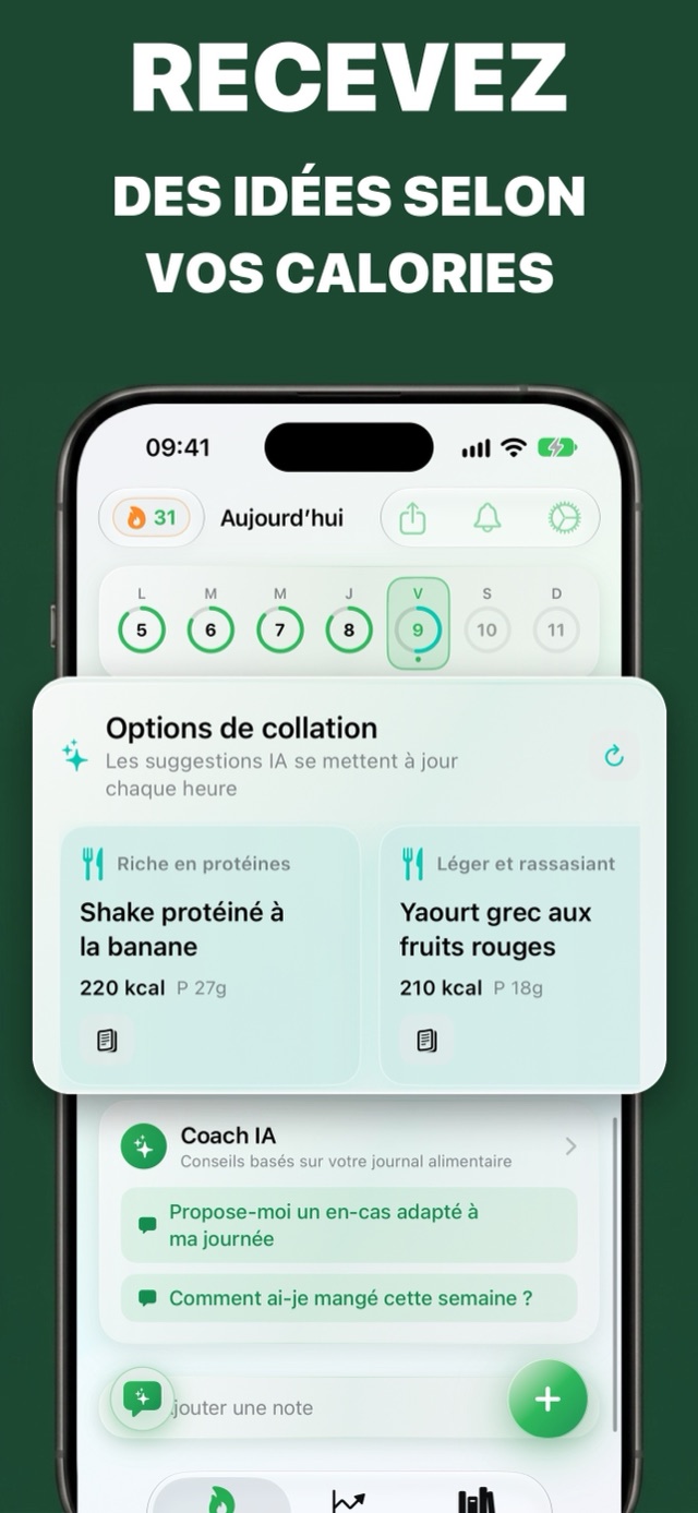 En-cas suggérés par l’IA selon les calories restantes, comme un shake protéiné à la banane