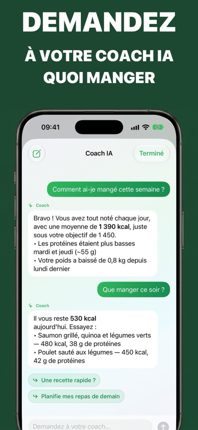 Discussion avec le coach IA qui résume les calories et protéines de la semaine et propose des dîners adaptés aux calories restantes