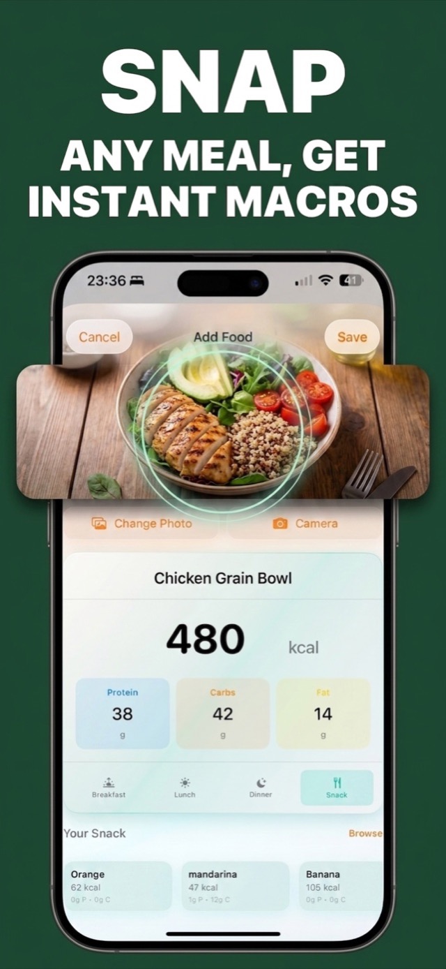 Snap any meal with the AI food scanner — chicken grain bowl recognized as 480 kcal with 38 g protein