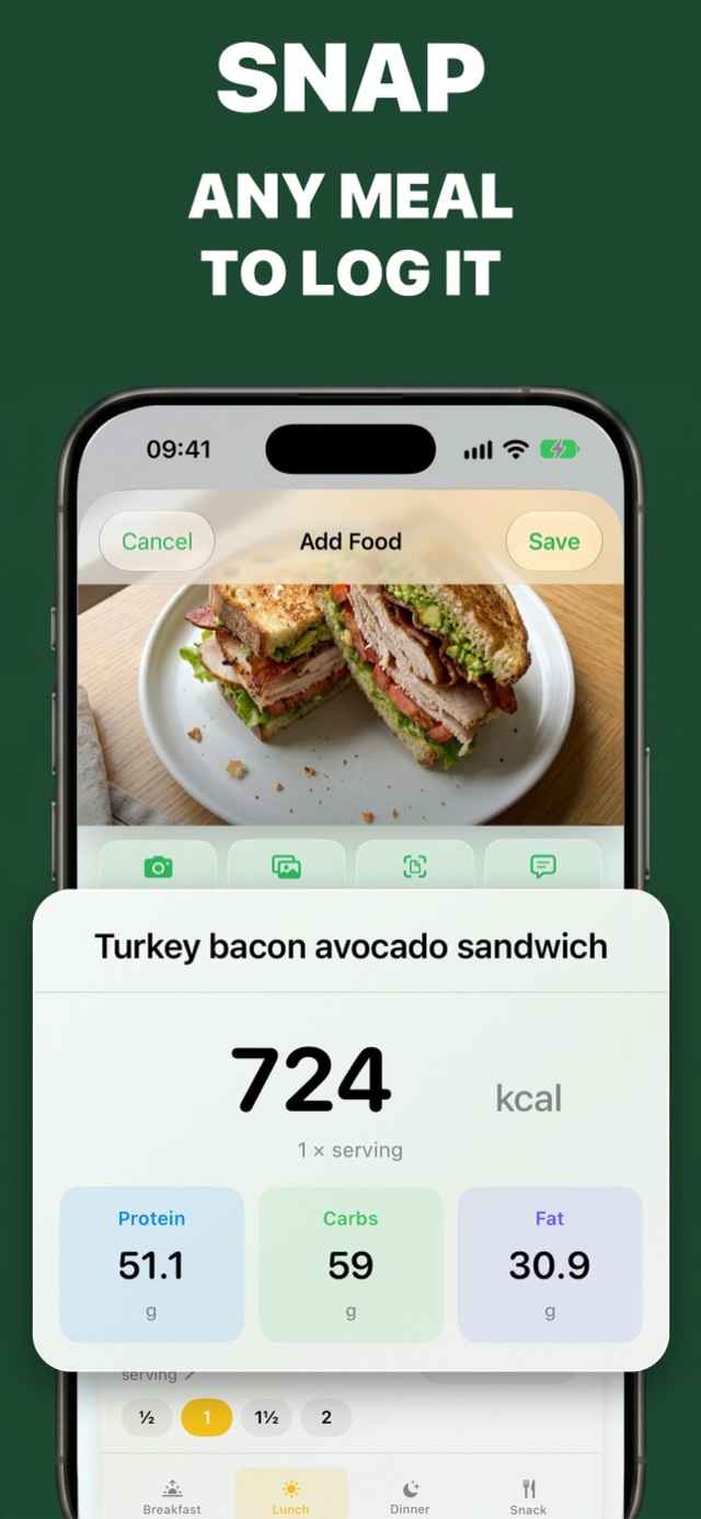 Calories AI Calculator recognizing a turkey bacon avocado sandwich from one photo as 724 kcal with protein, carbs and fat