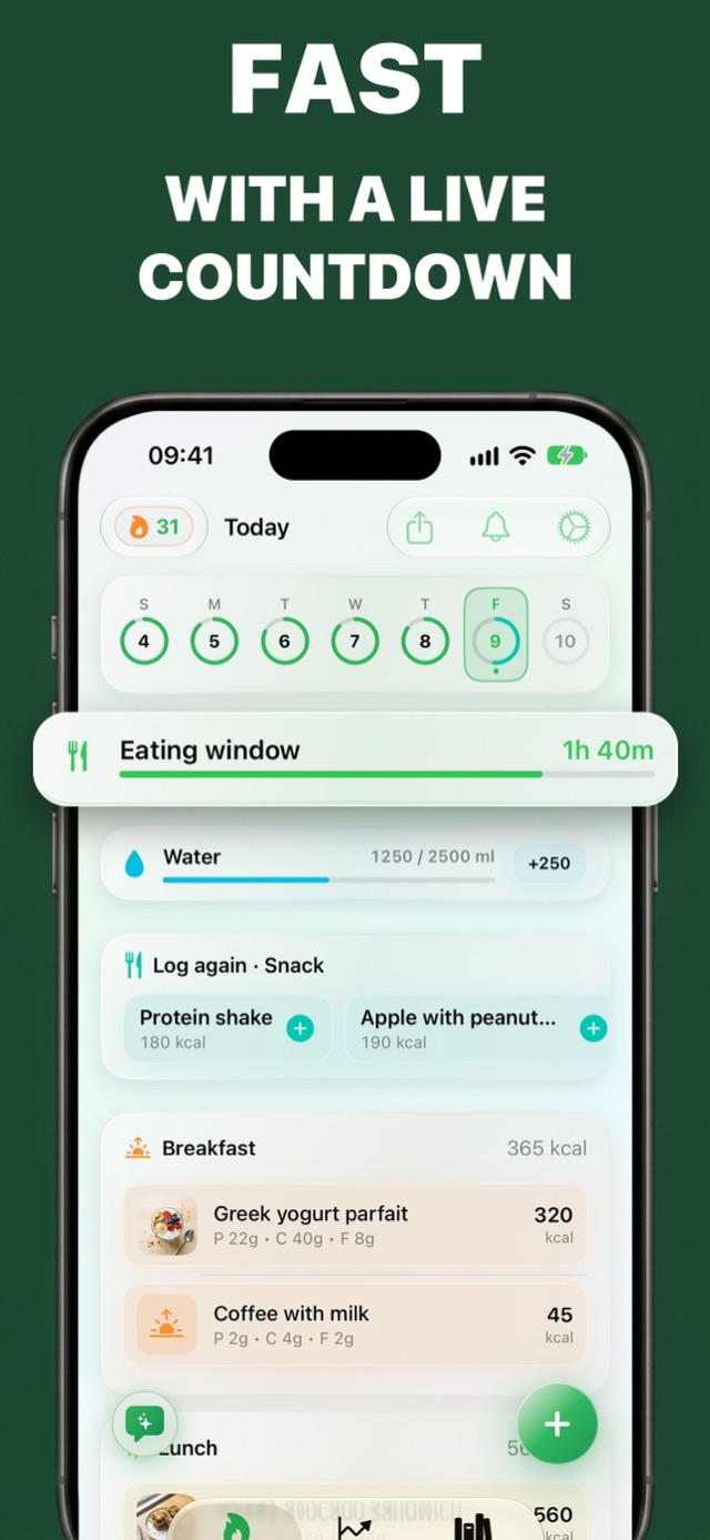 Heute-Bildschirm mit einem Essfenster-Countdown von 1 Std. 40 Min. über dem Wasser-Tracker und den Mahlzeiten des Tages